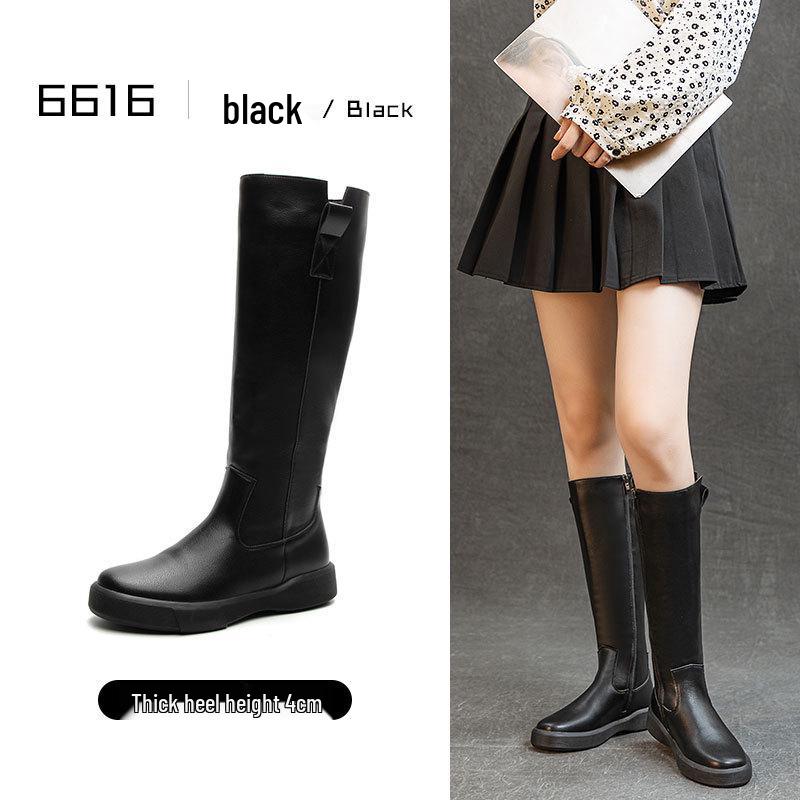 Women's Retro Leather Over-the-Knee Boots with Thick Sole and Velvet Lining - Versatile High-Top for Autumn/Winter