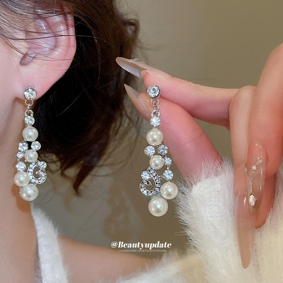 Elegant Rhinestone Faux Pearl Geometric Earrings & Necklace Set