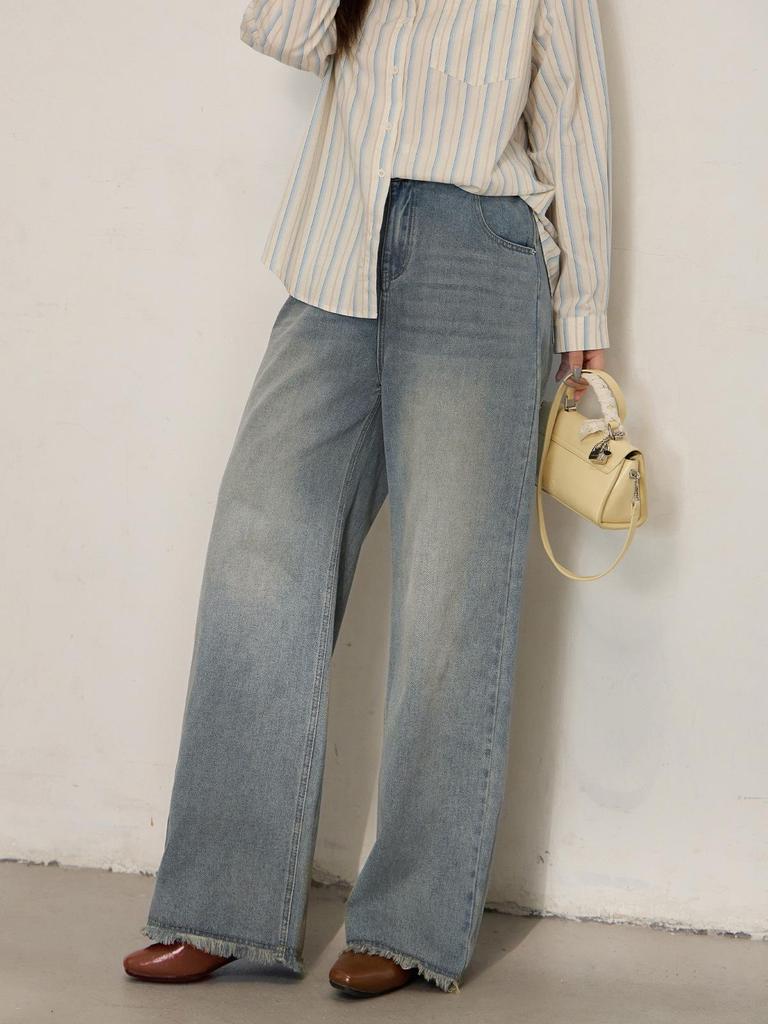 Plus Size Women's Korean High Waist Wide Leg Frayed Jeans