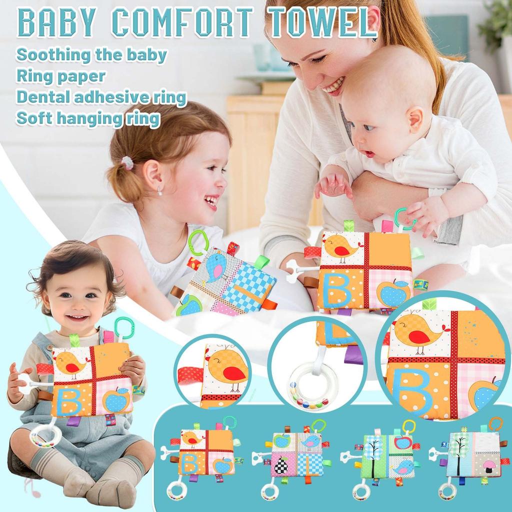 Baby Cartoon Label Comfort Towel, Soft Hanging Ring With Rattle Teether