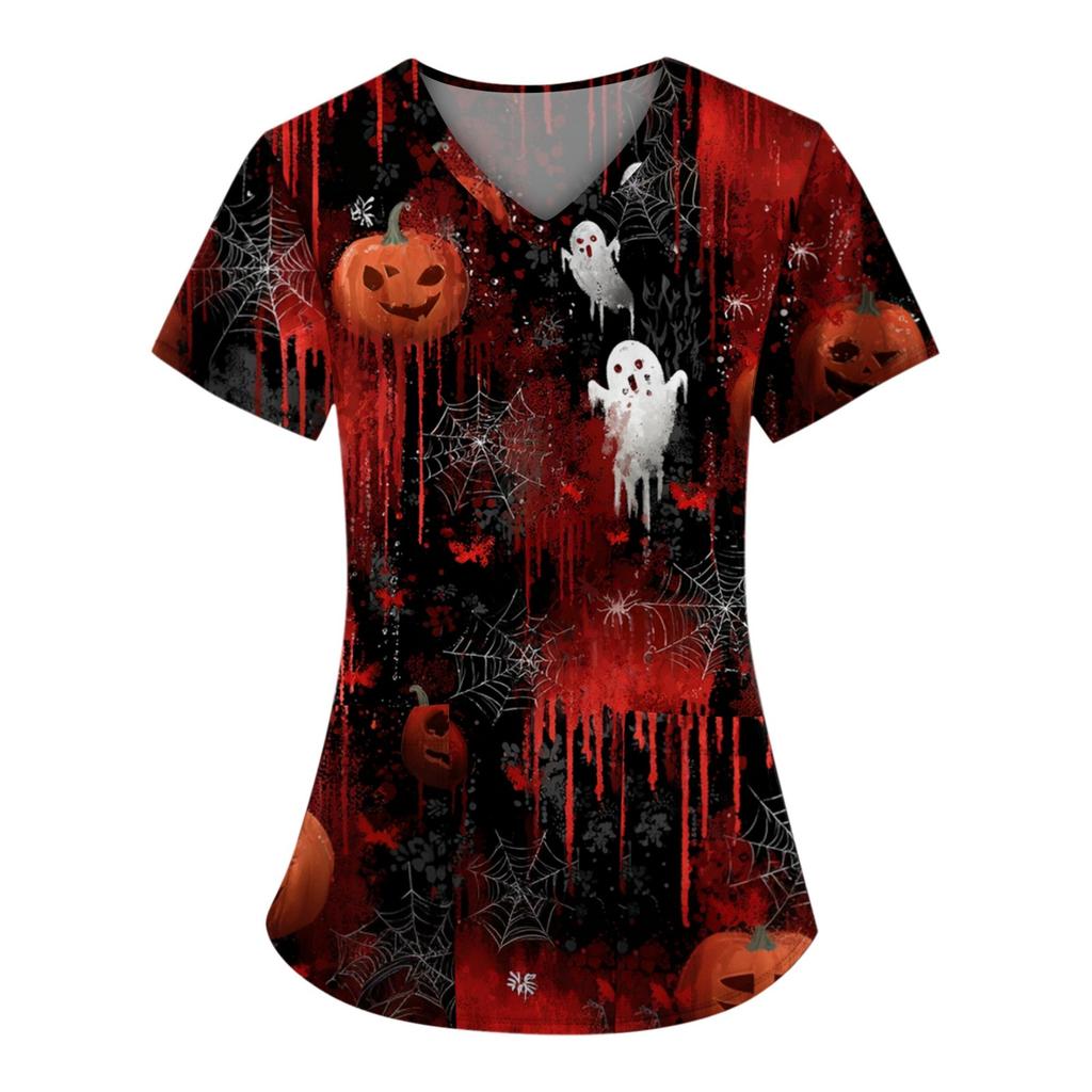 Plus SizePrinted Scrub Working Uniform Tops For Women's Cross V-Neck Halloween Print Short Sleeve Fun T-Shirts Workwear Tee With Pockets