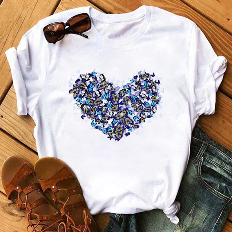 Fashion Kawaii Rose Flower Heart Graphic Women's T-Shirt Summer Loose Blouse 90S Short Sleeve O-Neck Tees Ladies White Y2K Tops