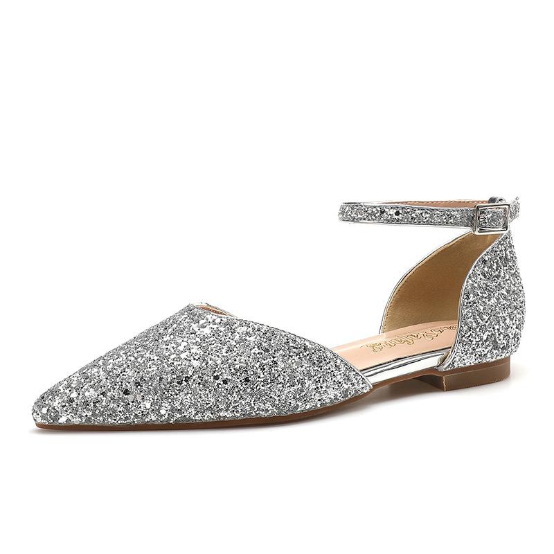 Pointed shoes, flat shoes, comfortable word with sequins, sexy hollow light hair shoes, wedding shoes are not tired, wear shoes outside the feet