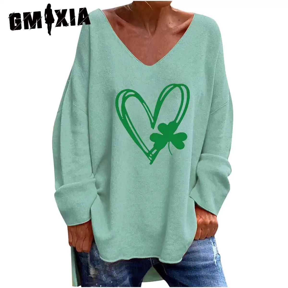 

GMXIA Осень-зима женская однотонная свободная повседневная удобная футболка с v-образным вырезом и длинным рукавом S