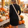 Women's Color Round Neck Long Sleeve Midi Dress with Pockets for Casual Wear