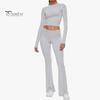2 Pcs/Set Women Top Pants Suit Skinny High Waist O Neck Long Sleeves Pure Color Stretchy Soft Breathable Yoga Bell Bottoms T-shirt Set Spring Summer