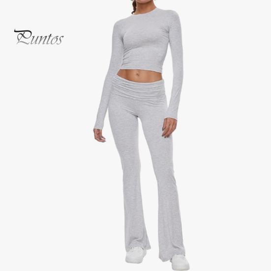 2 Pcs/Set Women Top Pants Suit Skinny High Waist O Neck Long Sleeves Pure Color Stretchy Soft Breathable Yoga Bell Bottoms T-shirt Set Spring Summer