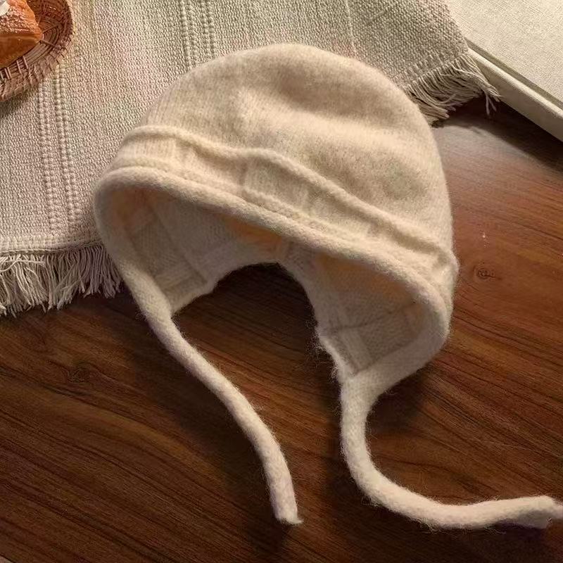 Small face straps knitted hat women's autumn and winter big head circumference solid color wool hat Korean version warm ear protection bag head hat