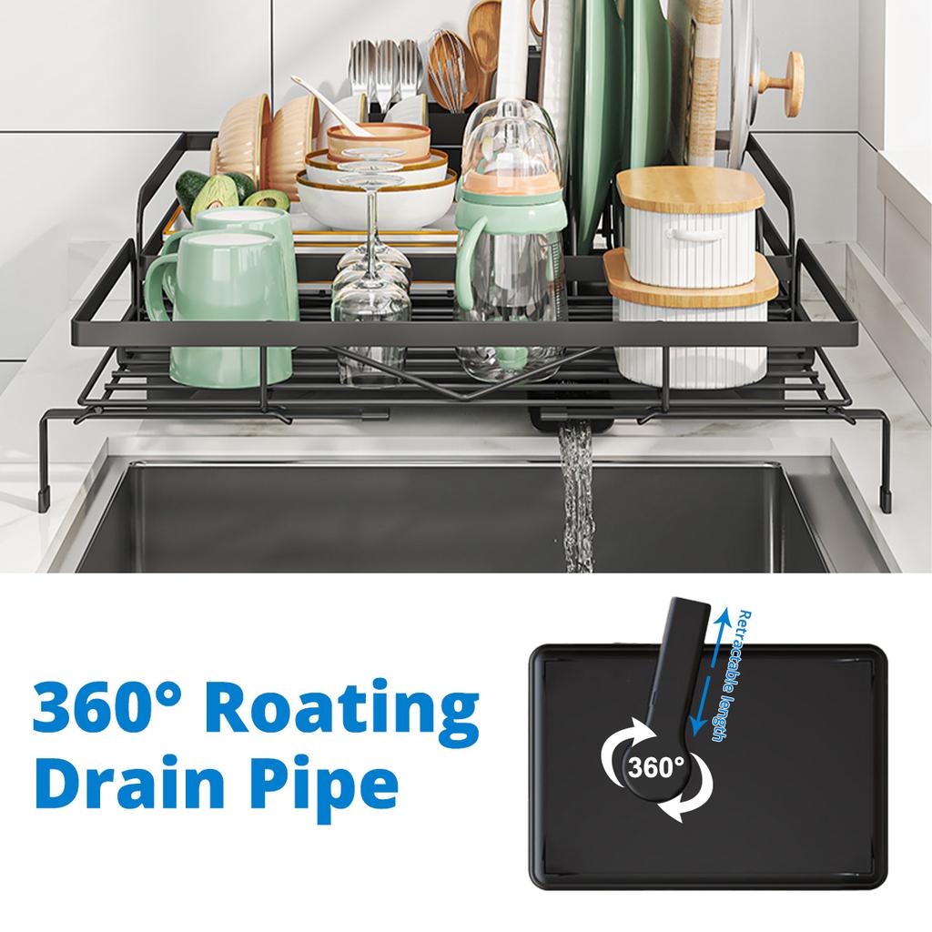 Dish Drainer Rack, Expandable Dish Drying Rack with Cutlery Holder and Swivel Drainage Spout, Dish Rack for Kitchen Counter