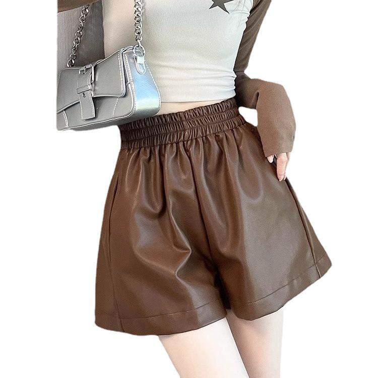 Women's Black PU Leather High-Waisted Slimming A-Line Wide-Leg Bootcut Shorts - Winter Casual Wear