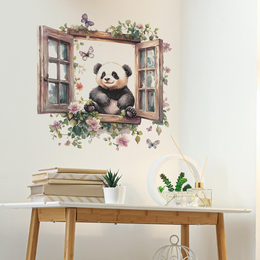 Kreatives falsches Fenster Panda Schmetterling Schlafzimmer Wohnzimmer Zuhause Hintergrund Verschönerung und Dekoration Wandaufkleber