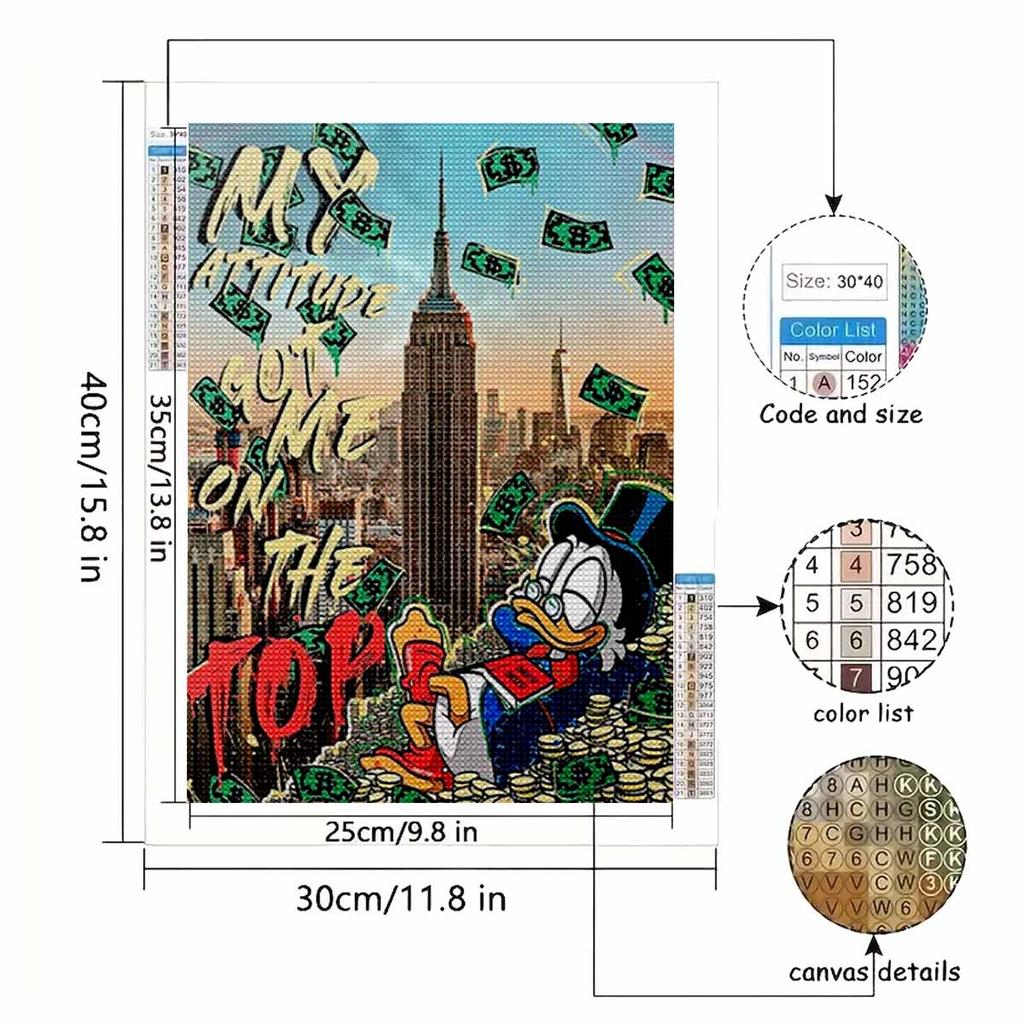 5D DIY Diamantmalerei Kits für Erwachsene, Donald Duck, der Geld verdient, Vollrund Kristall Diamant Kits für Anfänger zur Heimwanddekoration