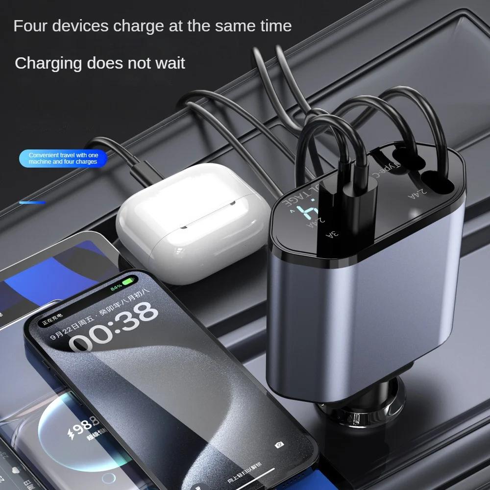 Retractable Car Charger 4 In 1 Fast Charging Car Charger 120W Dual Type-C Retractable Cable and 2 USB Ports Car Charger Adapter