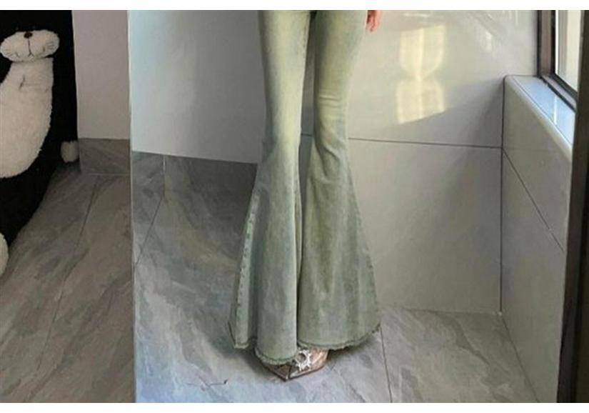 Women's High-Waisted Fishtail Flare Denim Pants - Elastic, Washed, Raw Hem, Versatile Style