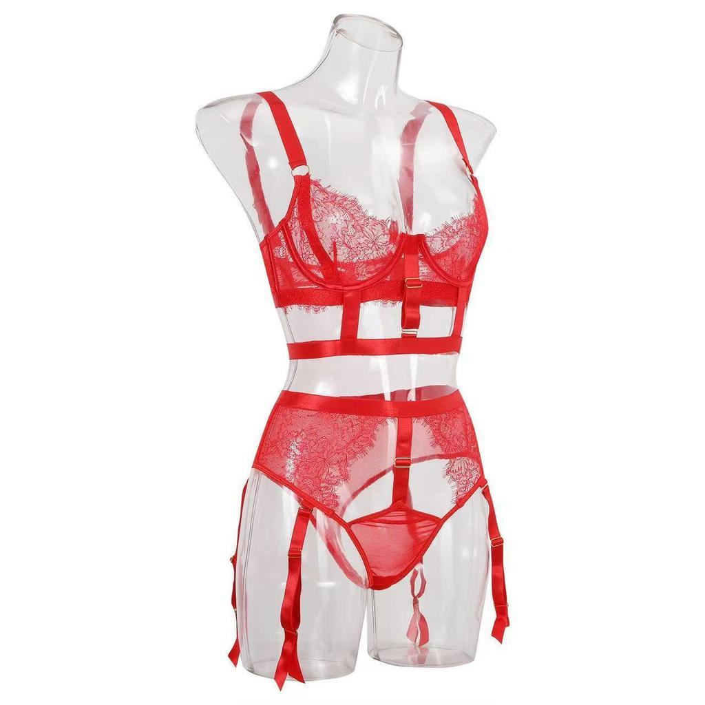 Lace Underwire Sexy Three-Piece Lingerie Set with Slit