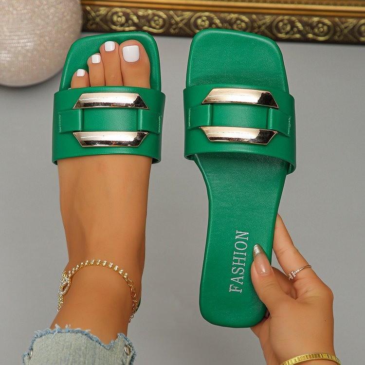 Fashion Fashion Versatile Woman Shoes 2025summer New Square Toe Flat Shoe Comfort Womens Metal Buckle Slippers Simple Women Flat Sandals
