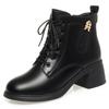 4.5cm British Style Black Soft Leather Boots Women's Square Heels Shoes Fall Winter 2025 Med Heeled Short Fur Ankle Boots Mom