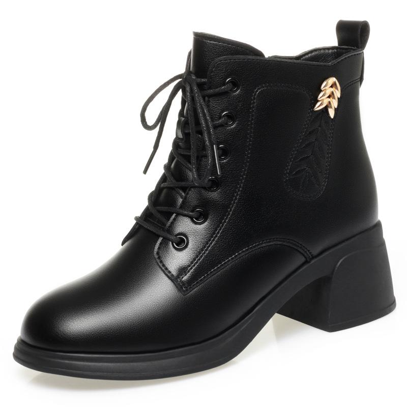 4.5cm British Style Black Soft Leather Boots Women's Square Heels Shoes Fall Winter 2025 Med Heeled Short Fur Ankle Boots Mom