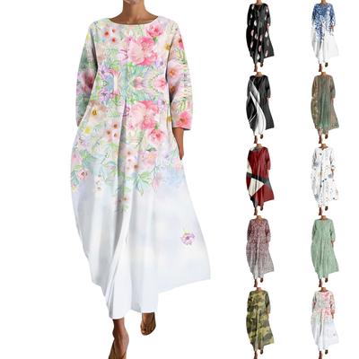 Women's Fashionable Printing Round Neck Three Quarter Sleeved Loose Hem Pocket Dress