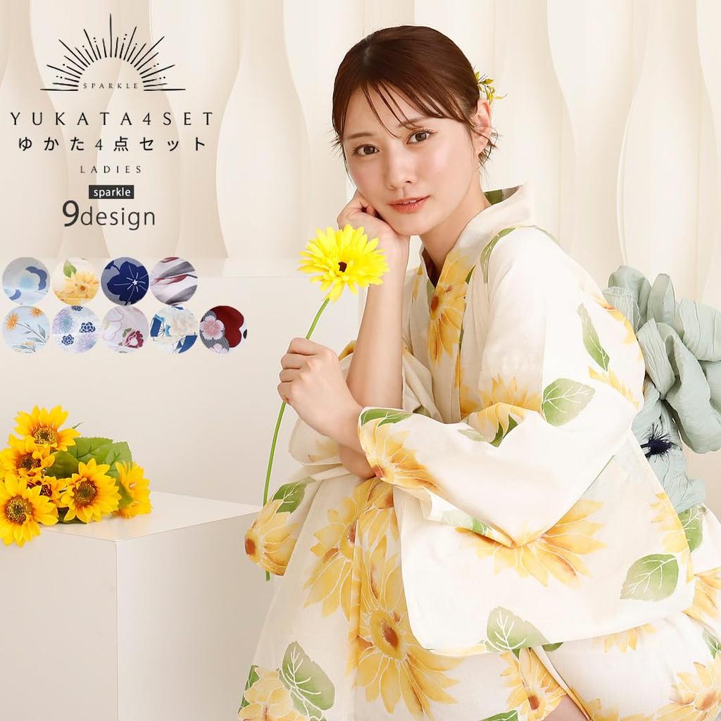 Kimono Hiroba Yu Yukata 9 Patterns Women's 4-Piece Set, (spk-2)