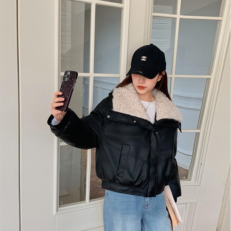 

Versatile lambskin cotton-padded clothes women s short lamb wool down cotton-padded clothes winter lapel collar cotton-padded jacket M чорний