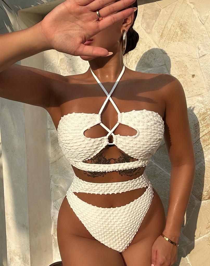 Damen Badeanzug Einfarbig Neckholder zum Binden Hohe Taille Getrennter Badeanzug Bikini Strandbekleidung Badeanzüge