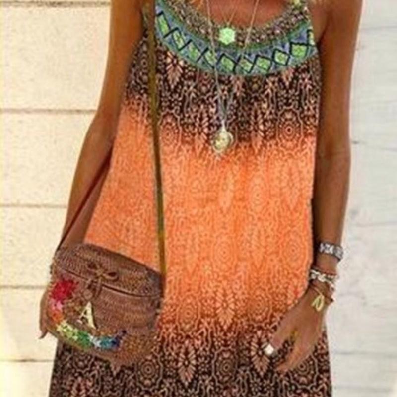 Ladies Fashion Summer Boho Loose Casual Print Ethnic Slip Dress