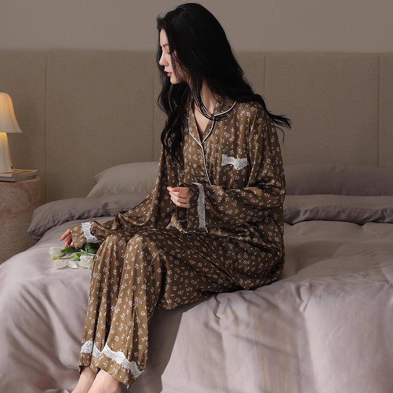 

Pajamas Ladies Spring and Autumn Ice Silk New Simulation Silk High-end Homewear Thin Large Size Set M recommendation 40-50kg