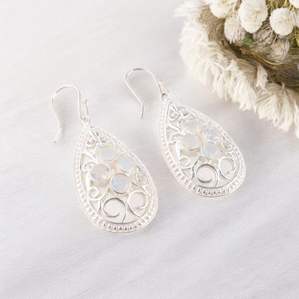 Milky Opal Gemstone 925 Fine Silver Handmade Jewelry Earrings 2.25" Gift For Her CE-17-14