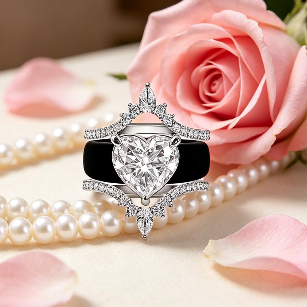 Bohemian 3-in-1 Heart Zircon & Crown Ring Set Black Silicone & CopperPlated Stackable Rings for Women Romantic Party Dating Jew