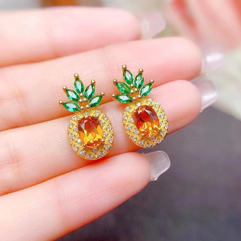 Kolczyki i Otwarty Pierścionek Fanta Yellow and Green Diamond Pineapple z Wiszącym Kamieniem