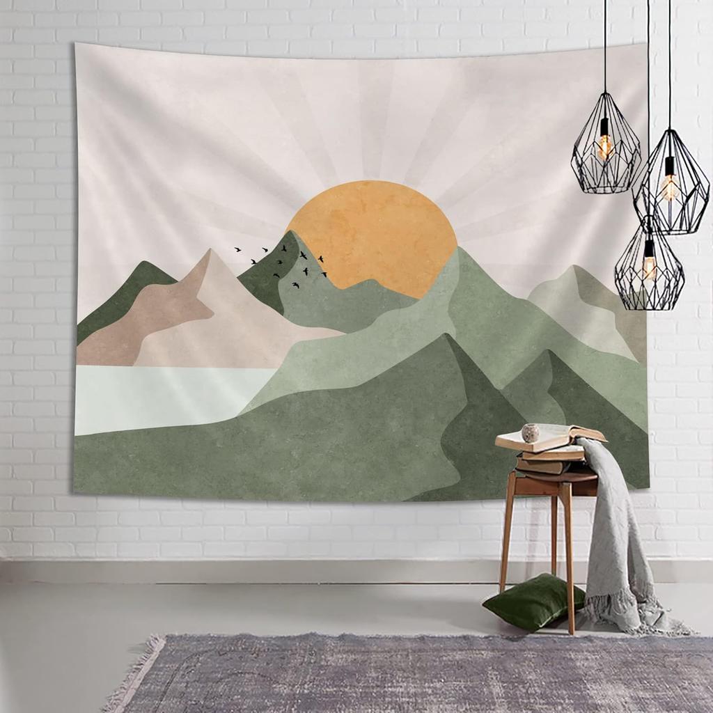 SUOTEMEIFEI Sage Green Mountain Sun Boho Tapestry,Simple Art Sunrise Nature Tapestry Sunset Landscape Abstract Aesthetic Wall Bedroom Living Room