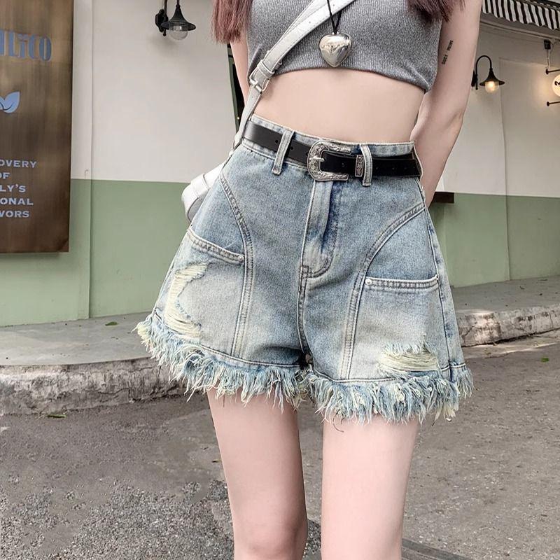 

Women s High-Waist Frayed Denim Shorts - Spicy Style, Plus Size, A-Line Fit XXXL светло-синий