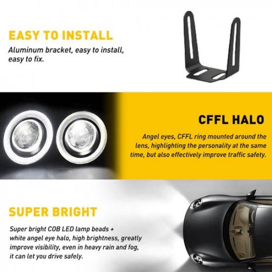 2X 3" Inch Round Led Fog Lights White COB Angel Eyes Halo DRL Driving Car Trucks
