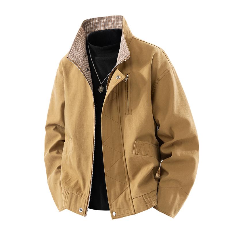 Men's Retro Stand Up Collar Jacket Autumn Long Sleeve Windproof Stand Collar Zip-Up Top Versatile Casual Sport Outerwear Coat