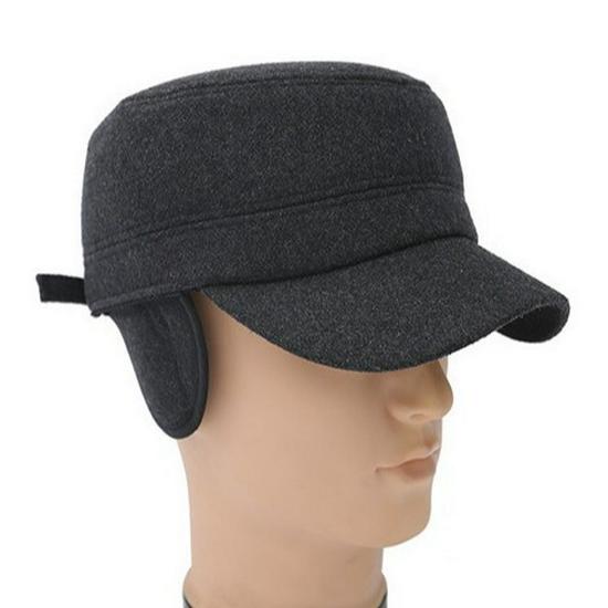 Men's Woolen Flat Top Hat with Ear Protection - Autumn/Winter Windproof Solid Color Baseball Cap