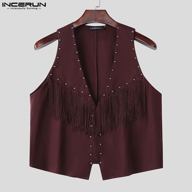 INCERUN Summer Men V Neck Tassel Decorative Clasp Casual Suede Waistcoat