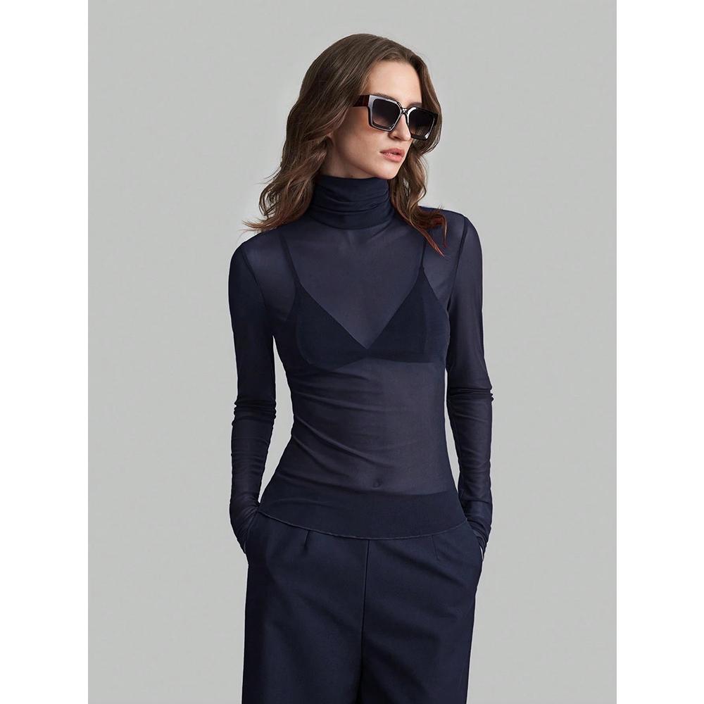 

Жіноча Прозора Сексуальна Блузка Топ з Імітацією Горловини, Довгим Рукавом, Приталеного Крою, Клубний Одяг 2XL Темно-синій