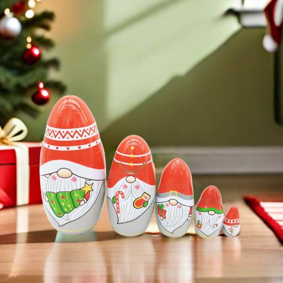 5Pcs/Set Christmas Gnome Russian Nesting Doll 5 Layers Handmade Wooden Matryoshka Santa Dwarf Elf Stacking Toy Desktop Figurine Decoration