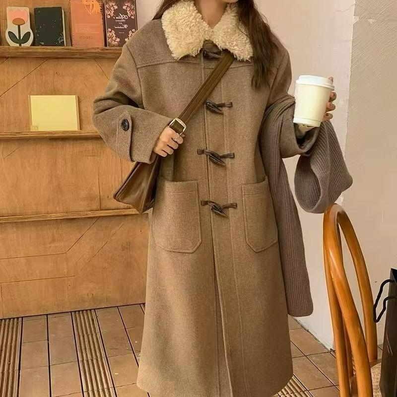 Coat Women's Woolen Winter Mid-length Over-the-knee High-end Horn Button Woolen Coat