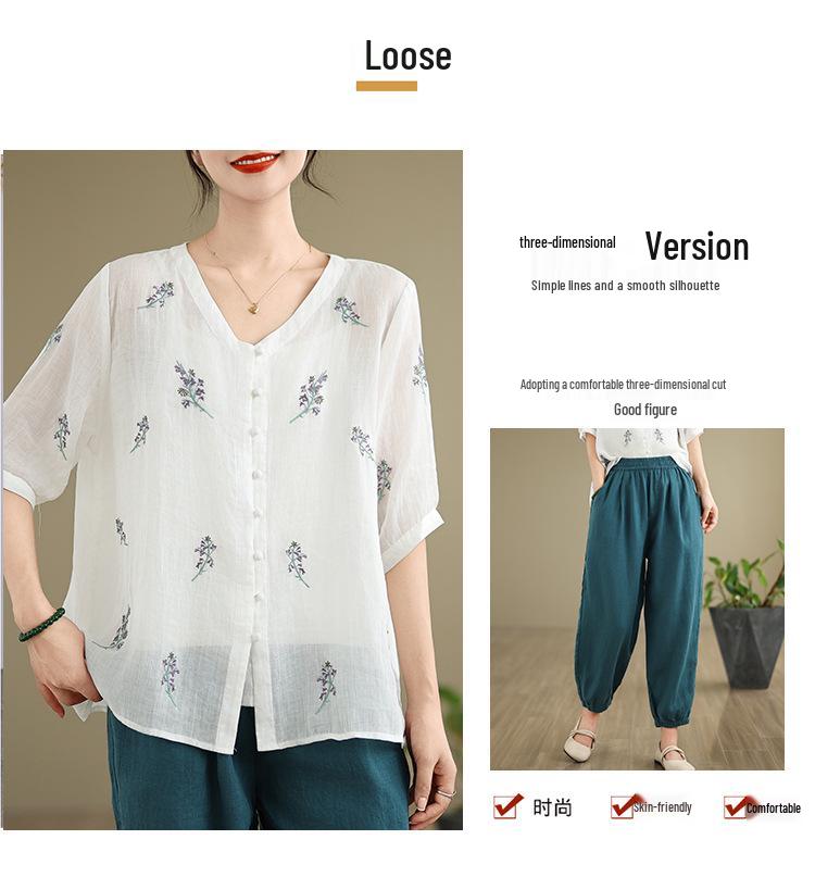 Women's V-Neck Cotton & Linen Embroidered Shirt with 5-Point Sleeves - New Chinese Style, Loose Fit, Versatile for Summer.