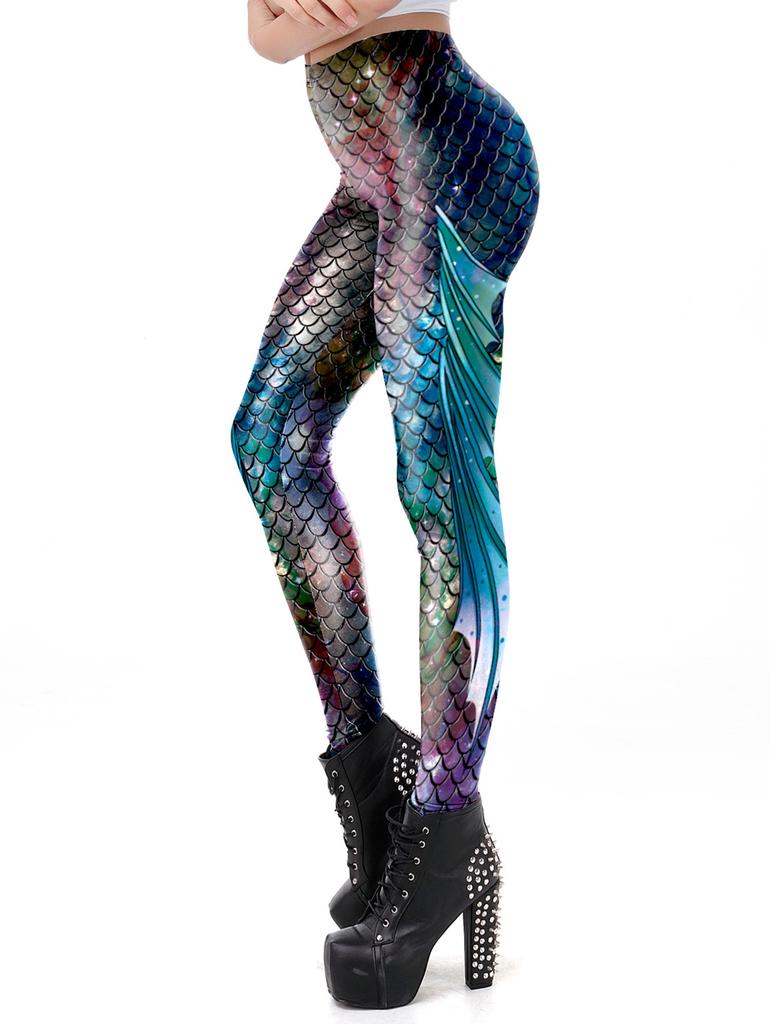 Fish Scale Mermaid Leggings Shiny Skinny Halloween Costume for Women Pants S-XL