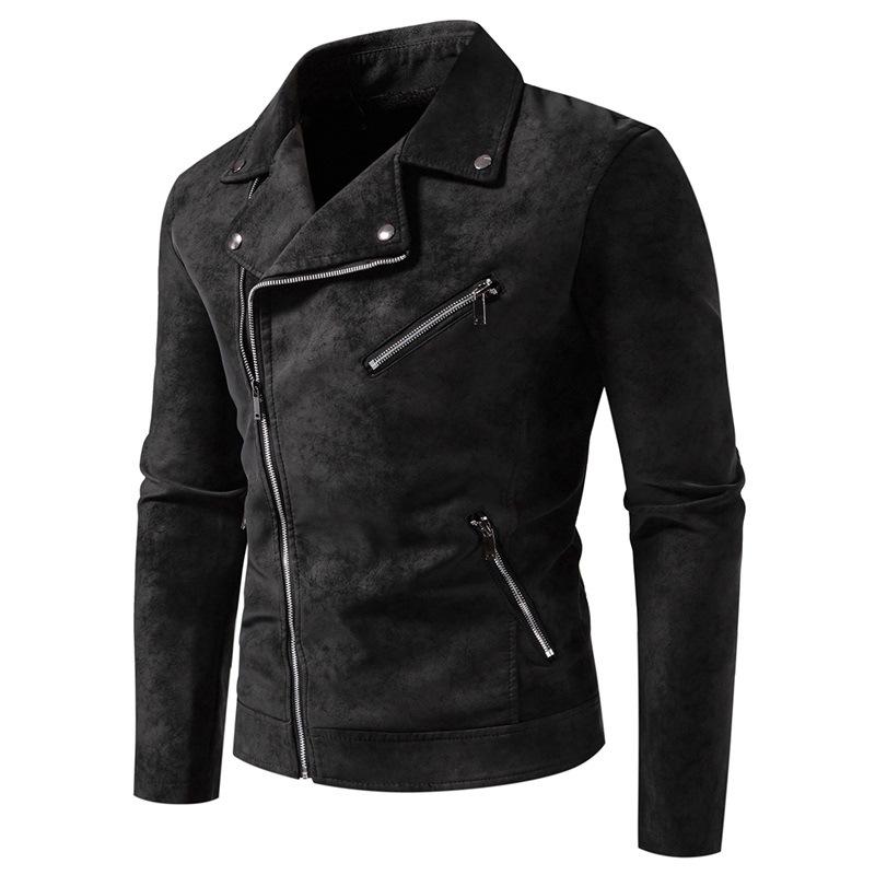 Pánská kožená bunda, PU bunda z umělé kůže, šikmý zip, klopa, motorkářská bunda