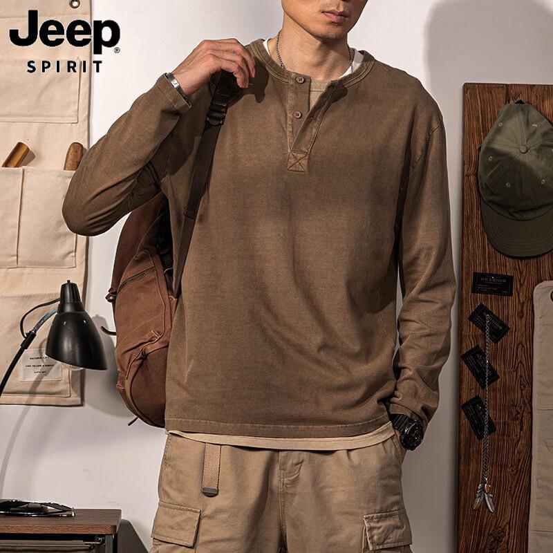 JEEP SPIRIT Men's Long-Sleeve Henley Cotton T-Shirt