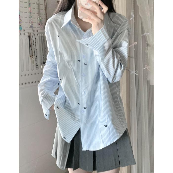 

Свободная, непринужденная и повседневная рубашка с длинным рукавом и принтом в полоску с бантом для женщин на весну 2XL синий