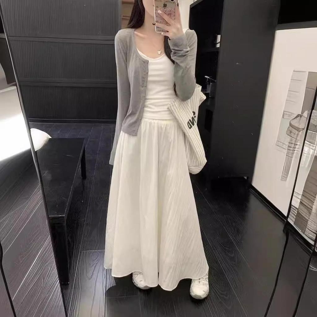Damesommerhvitt midiskjørt og cardigan tredelt sett - Elegant og moden stil, gudinnevibb, langermet