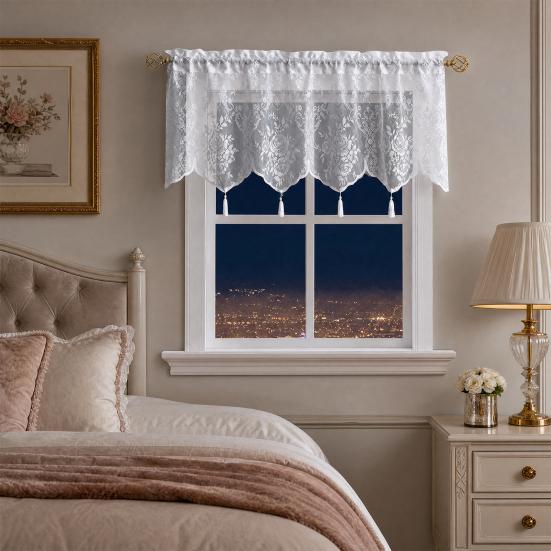 Spitzen-Fenstervorhang, Weißer Spitzen-Schiebegardine mit Quasten und Stangentasche, Vintage Lichtfilternder Fenstervorhang für das Wohnzimmer