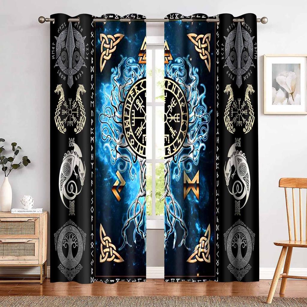 Viking Blackout Curta Scandinavian Pirate Totem Printed Curtain Room Darkening Ancient Mythology Tree of Life Window Treatments for Bedroom Living