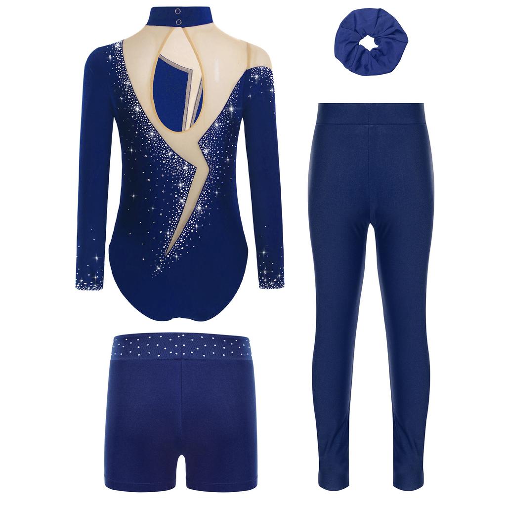 Ensemble de gymnastique et de danse pour filles Manches longues Dos avec découpe Strass Scintillants Justaucorps avec Short Leggings Bandeau pour Cheveux
