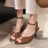Suede Metal Buckle Pleated Open Toe Fish Mouth Slim Heel Side Empty Sandals For Women